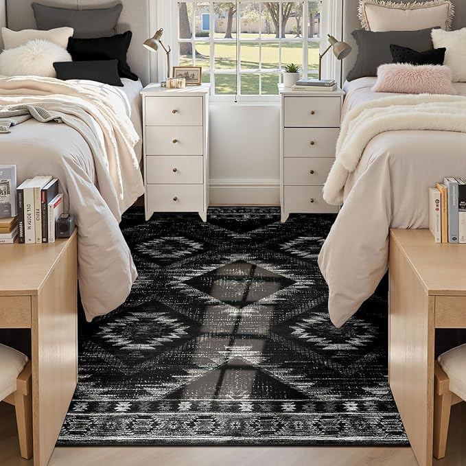 BESTSWEETIE Area Rug 4x6 Rug Machine Washable Non-Slip Low Pile Print Pattern Western Rug for Living Room Bedroom Entryway Tribal Series-Black