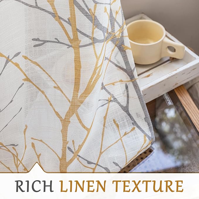 FMFUNCTEX Linen Semi Sheer Curtains for Bedroom, Yellow White Curtains 72 Inches Long for Living Room, Grey Tree Branch Print Curtain Light Filtering Farmhouse Window Drapes, Grommet Top 2 Panels