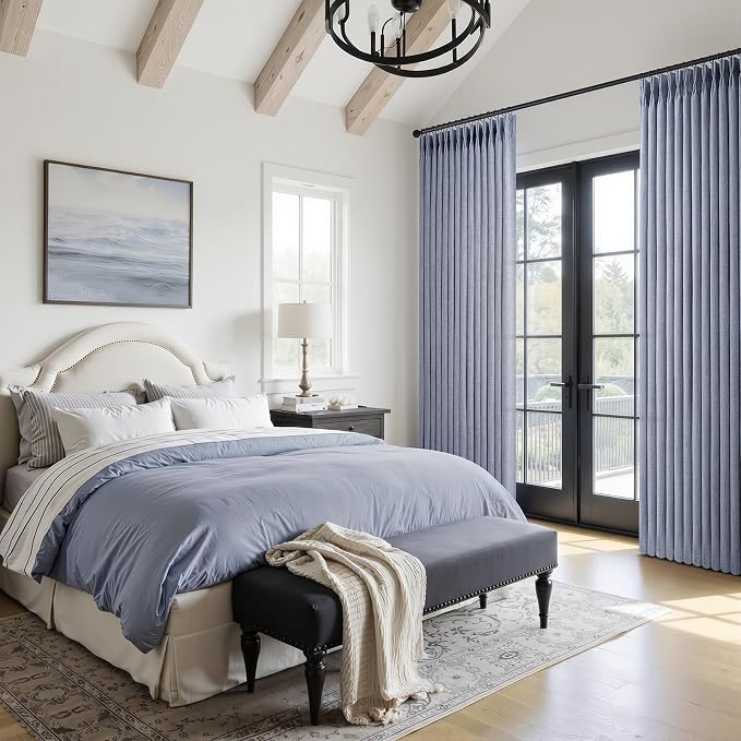 Extra Long 108 Inch Dusty Blue Pleated Linen Light Filtering Sheer Curtains