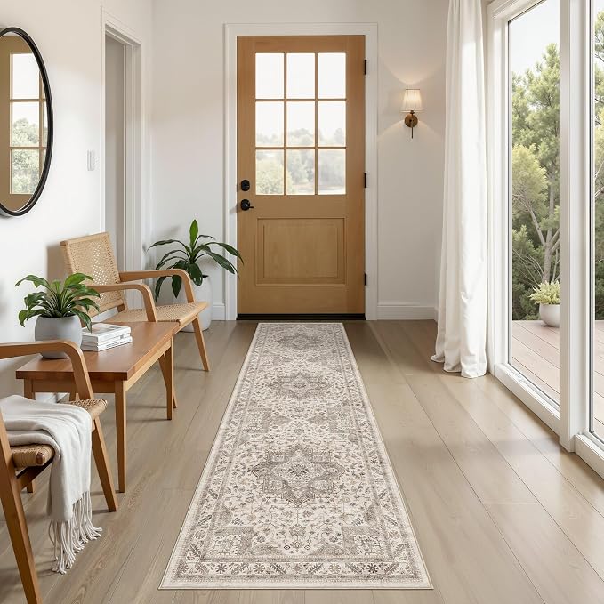 Vintage Hallway Runner Rug 2x6: Large Soft Washable Entryway for Kitchen Laundry Room Non-Slip Backing Runner for Entrance Living Room Bedroom Bathroom - Light Brown