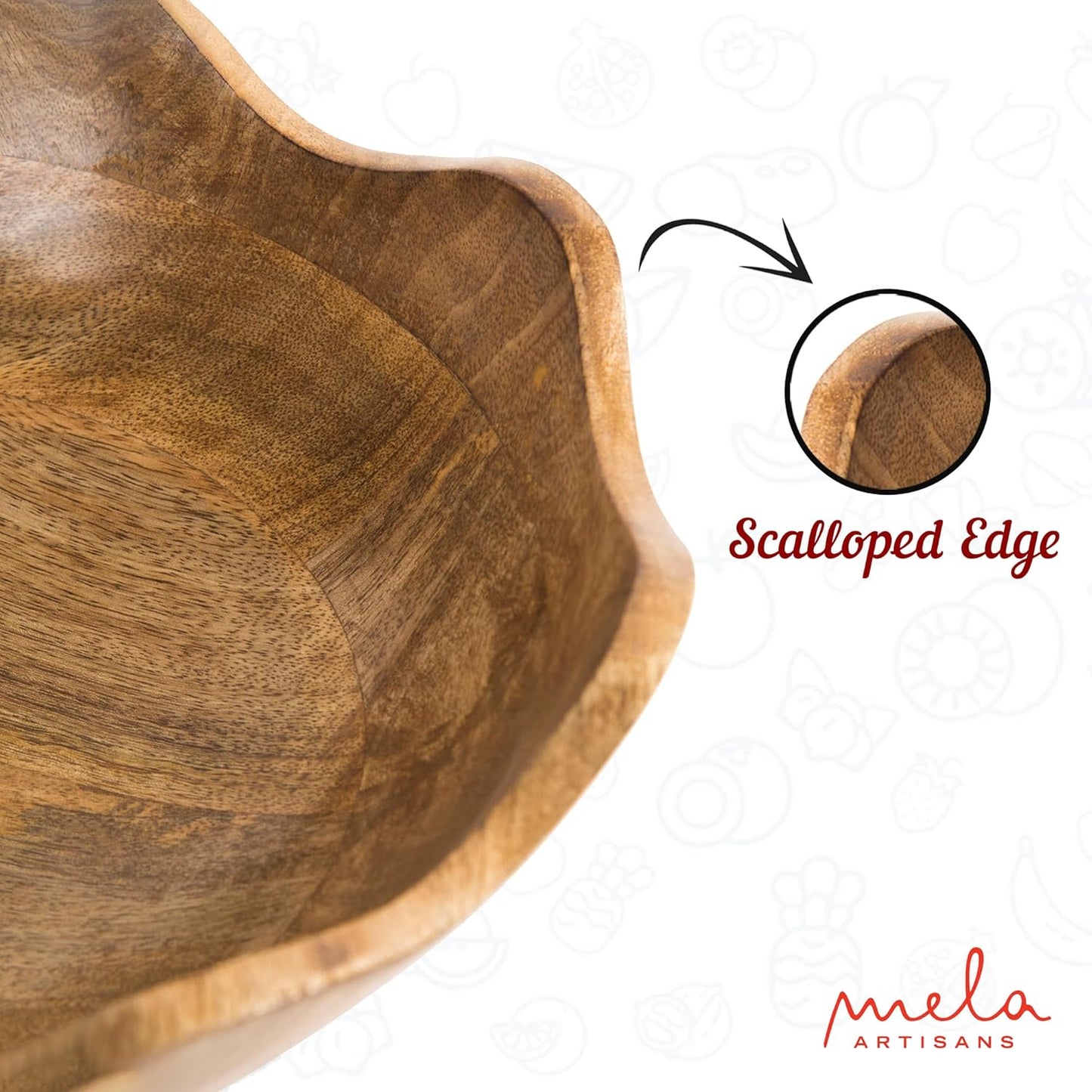 Mela Artisans Wooden Scalloped Bowl - Set of 2, Large & Medium |Mango Wood Natural Grain Finish | 12x4x12” and 10x4x10” | Fits Bread, Fruits, Salad or Popcorn