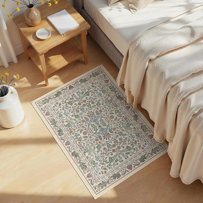 2x3 Washable Area Rug Floral Beige Entryway Small Rug Vintage Forest Low Pile Non Slip Stain Resistance Soft Carpet for Kitchen, Bedroom Beside, Laundry Room, Office Rug, Kids Room, Nursery Room