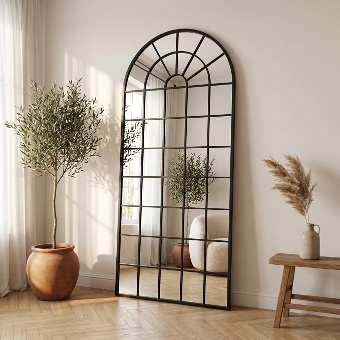 70x30Inch Large Arched Window Pane Mirror| Black Arched Mirrors for Wall & Floor | Arch Mirror Full Length for Entryway Living Room & Bedroom | Oversized Mirrors | Wall Art Decorative |Farmhouse Décor