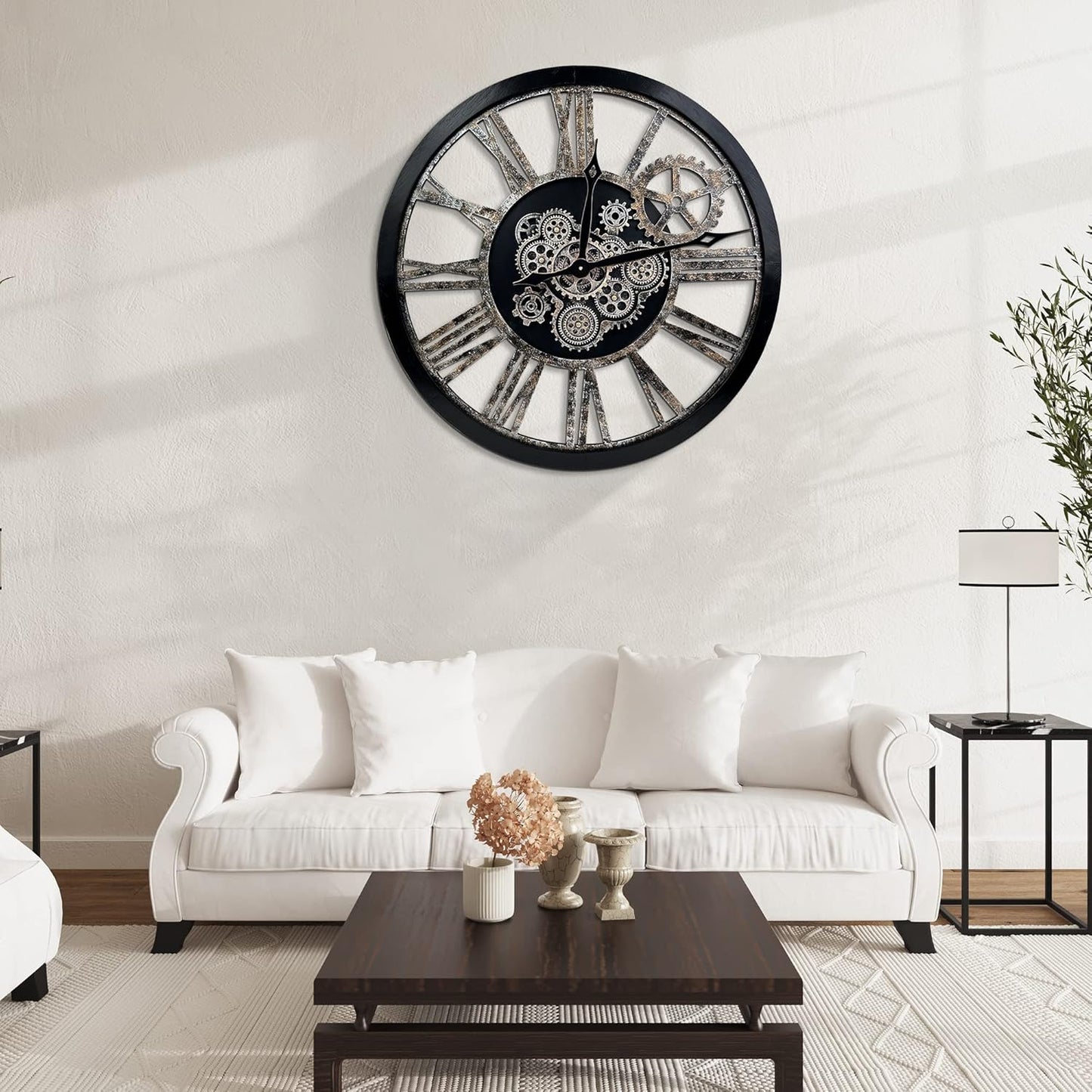 HOIBAI Large Wall Clock, Wall Clocks for Living Room Decor 36 Inch Farmhouse Vintage Rustic Kitchen Wall Decor Vintage Roman Oversized Wall Clock for Home Bedroom House, Moving Gears Clock