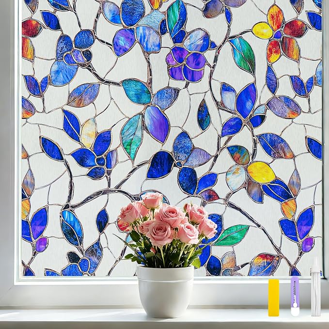 Countewol Colorful Leaf Static Cling Window Film Frosted Stained Glass Privacy Anti-Glare UV Protection for Home & Bathroom (Textured Stained Leaf, 45.2 x 157.4 in)