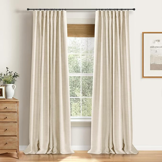 100% Blackout Shield Full Blackout Curtains for Bedroom 96 inch Length 2 Panels Set, Clip Rings/Rod Pocket Faux Linen Black Out Curtains for Living Room, Thermal Insulated, 50Wx96L, Butter Cream