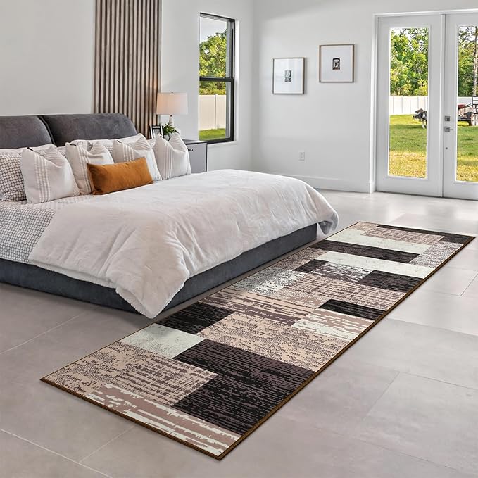 Indoor Runner Rug, Washable Runner Rug with Rubber Backing, Modern Geometric Patchwork Aesthetic Carpet for Bedroom, Living Room, Hallway, Entryway, Washable Rug Rockwood Collection, 2x6 Ft Chocolate
