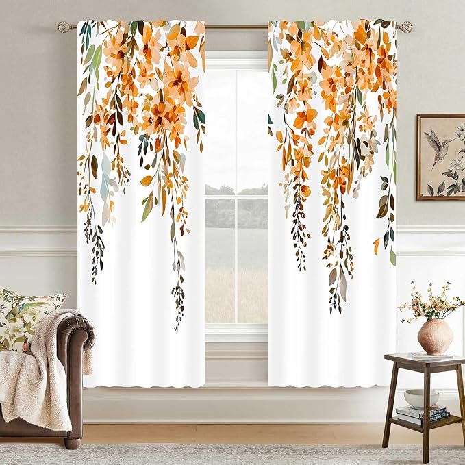 Orange Watercolor Floral Curtains, Botanical Leaves Vine Flowers Curtain, Rustic Farmhouse Flower Leaf Blackout Window Treatment Drapes for Bedroom Living Room 52x72 inch, 2 Panels