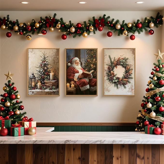 HOURIA Vintage Christmas Tree Santa Claus Framed Canvas Wall Art Set,Rustic Pinecone Wreath Berries Wall Decor,Retro Winter Cozy Night Candle Light Artwork for Living Room,Xmas 24 x36 x3