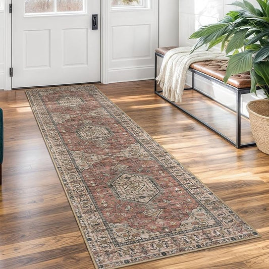 KUTA Oriental Washable Runner Rug, 2x7 Non-Slip Vintage Terracotta Hallway Kitchen Runners Soft Printed Tribal Farmhouse Floor Carpet Rugs for Laundry Bedroom Living Room