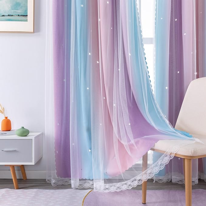 XiDi Curtains for Bedroom Decor, Rainbow Pink Purple/34/96