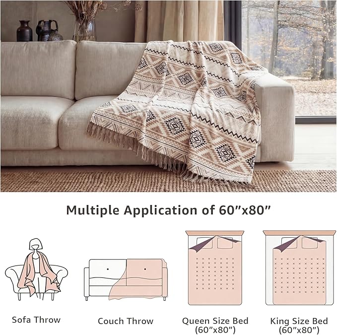 CASAAGUSTO Boho Throw Blanket for Couch - Farmhouse Throw Blanket with Tassel, Western Aztec Blanket,Printed Flannel Bohemian Blanket,Gifts for Women(60x80 Inches, Brown White)