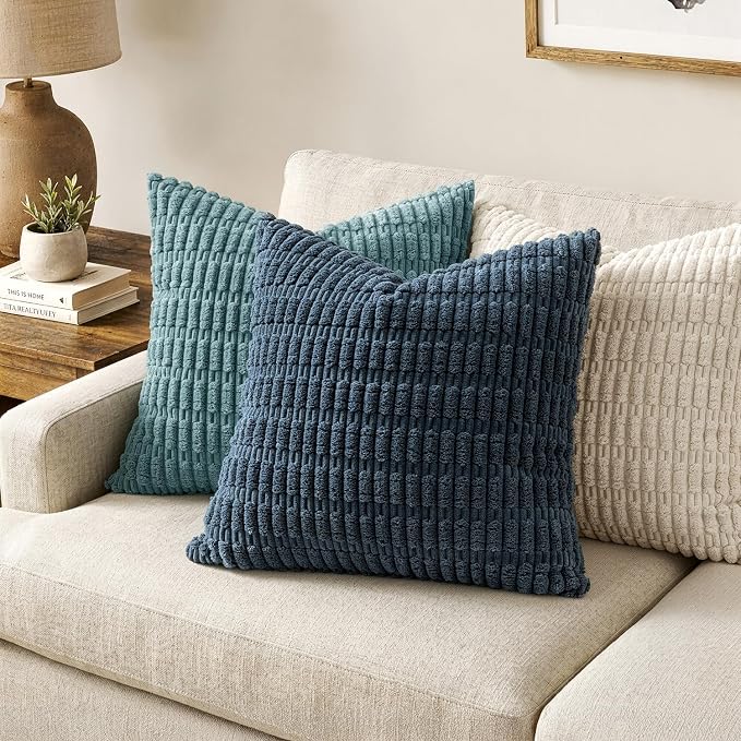MIULEE Pack of 2 Corduroy Decorative Throw Pillow Covers 18x18 Inch Soft Boho Striped Pillow Covers Modern Farmhouse Home Decor for Summer Coastal Sofa Living Room Couch Bed Blue