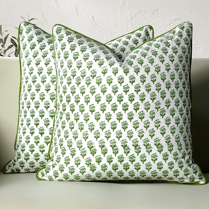 CPC 100% Cotton Throw Pillow Covers 18x18 Inch, Set of 2 Green Block Print Pattern Couch Pillow, Cute Boho Decorative Pillows for Living Room, Bedroom with Hidden Zipper- Emerald Green
