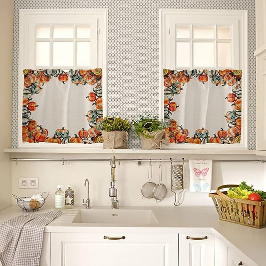 Kitchen Tier Curtains 24 inches Long, Fall Thanksgiving Watercolor Pumpkin Autumn Harvest Window Curtains for Living Room Bathroom,Rod Pocket Light Filter Drapes Half Window Treatment Tiers 2 Panels