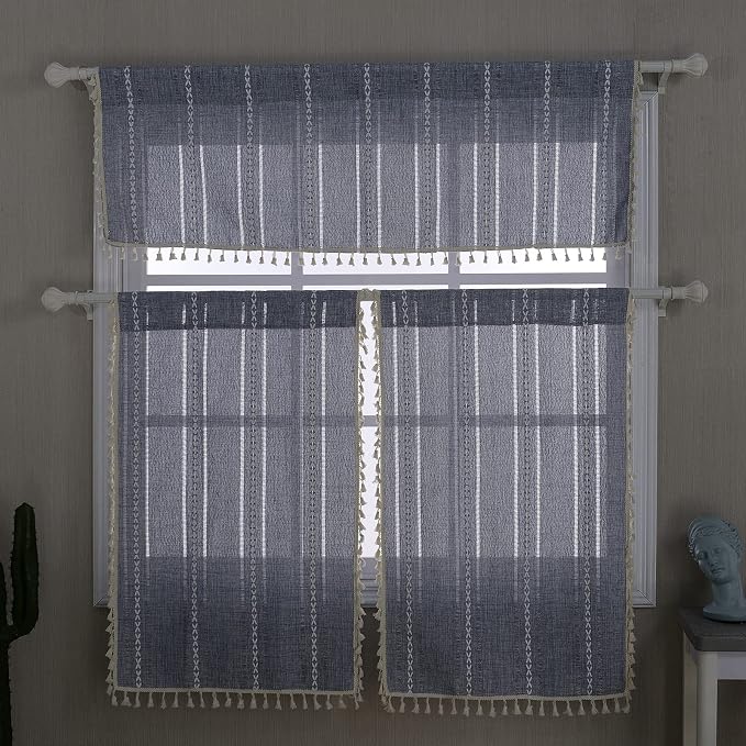 RoomTalks Boho Kitchen Curtains 36 Inch Length French Striped Farmhouse Vintage Chic Cottage Tassel Short Cafe Curtains for Small Window Kitchen Bathroom Bohemian Decor (36’’L x 24’’W, Blue)