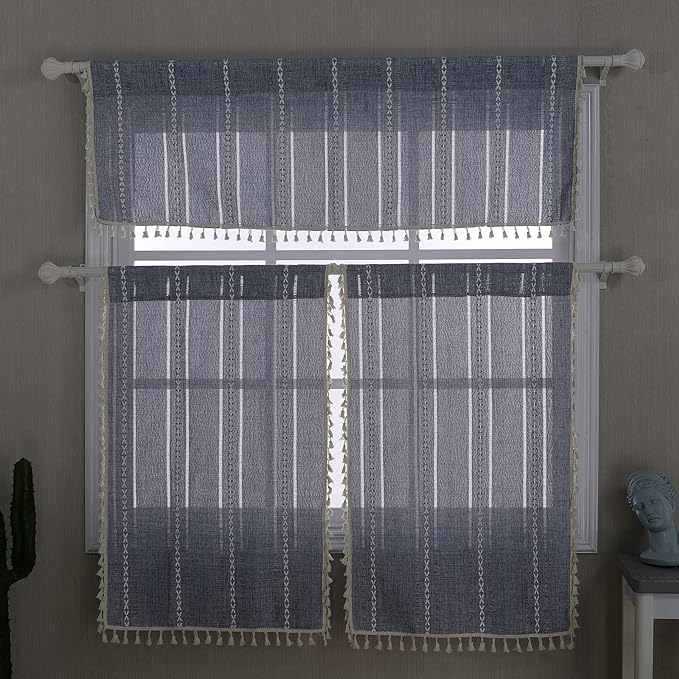 RoomTalks Boho Kitchen Valances for Windows Embroidered French Striped Farmhouse Vintage Chic Textured Tassel Curtain Valances for Bathroom Living Room Bohemian Decor (18’’L x 52’’W, Blue)