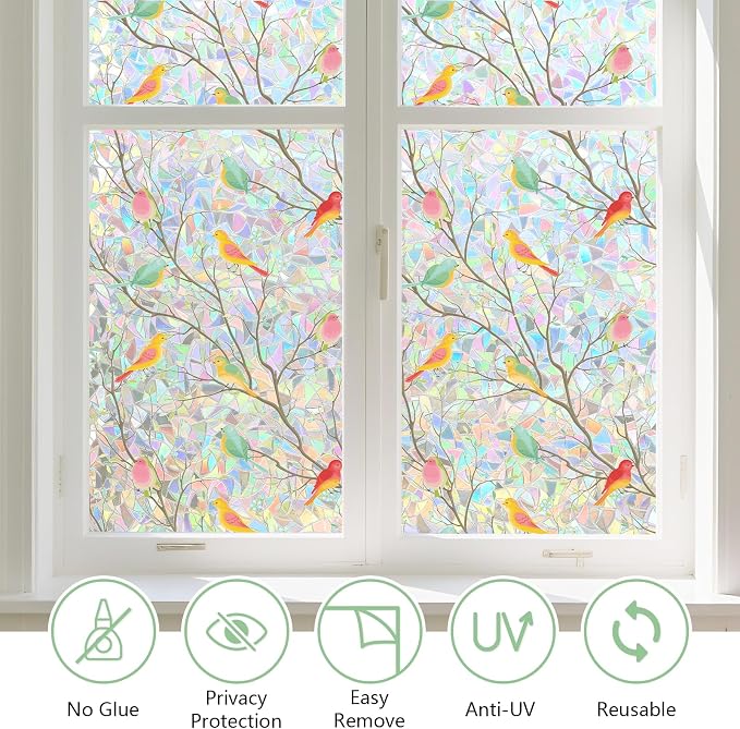 Kromapolis Window Privacy Film, Stained Glass Sticker Window Clings, Decorative Static Clings UV Blocking Colorful Decals, Removable Vinyl Covering Rainbow Bird，23.6'' x 78.7''