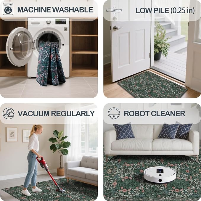 Washable 2' x 6' Runners for Hallways, Non Slip Long Floor Runner for Kitchen, Entryway Indoor, Stain Resistant Rubber Backing Floral Decor Rug (Green)