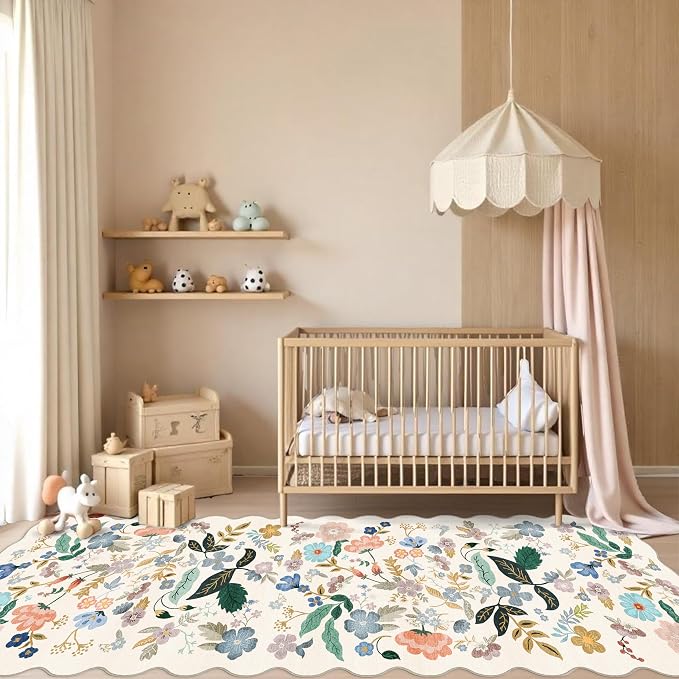 Hallway 4x10 Washable Area Rugs: Indoor Floral Scalloped Rug for Kitchen Entryway Farmhouse Nursery Bathroom Soft Carpet with Non Slip Backing Water Resistant Thin Laudry Floor Mat (4x10,Cream)