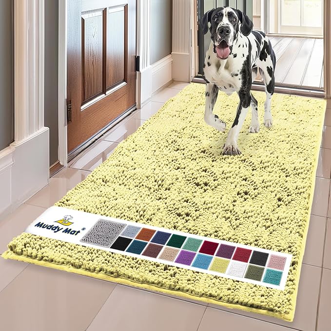 Muddy Mat® | Super Water Absorbent Door Mat Indoor, Microfiber Quick Dry Chenille Entryway Rug, Slip Resistant Front Door Mat, Indoor Mats for Entryway, Machine Washable Pet Rug, Yellow 24" x 96"