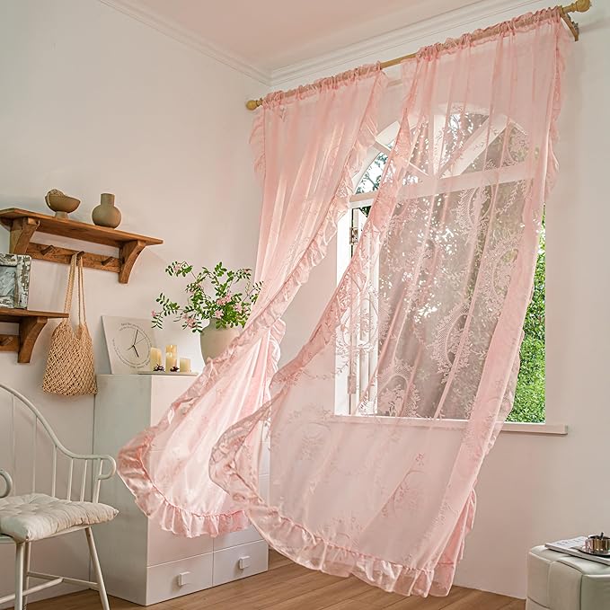 Sutuo Home Pink Lace Curtains Set of 2, Sheer Panels 63 Inch Length Rose Floral Embroidery Vintage Ruffled Window Treatment Pair for Bedroom Living Room, Shabby Chic Decor Rod Pocket, W57 x L63