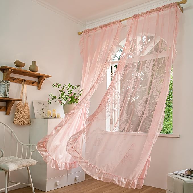 Sutuo Home Pink Lace Curtains 96 Inches Long 2 Set, Sheer Panels Rose Floral Embroidery Ruffled Vintage Voile Window Treatment Pair for Girl's Bedroom Living Room, Rod Pocket, W57 x L96