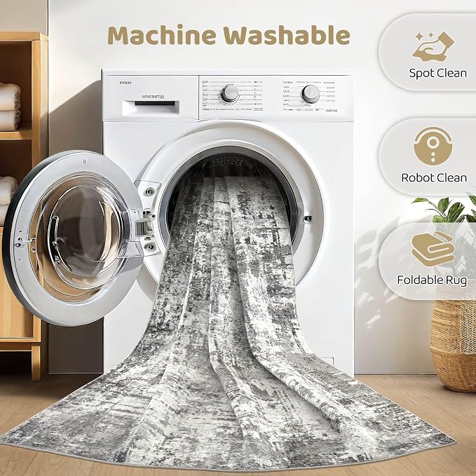 7x10 Area Rug Living Room: Washable Large Abstract Neutral Modern Soft Gray Rug Stain Resistant Indoor Floor Non-Slip Accent Carpet for Bedroom Nursery Playroom Office Dining Room Home Decor