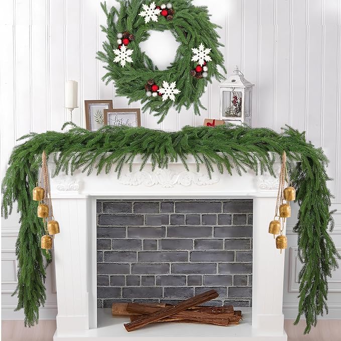 Hananona 4 Pcs 9 Ft Artificial Norfolk Pine Garlands, Real Touch Winter Pine Garland, Green Artificial Greenery Garland for Table, Mantle, Wall, Indoor, Outdoor Christmas Decorations (4, 9 Ft)