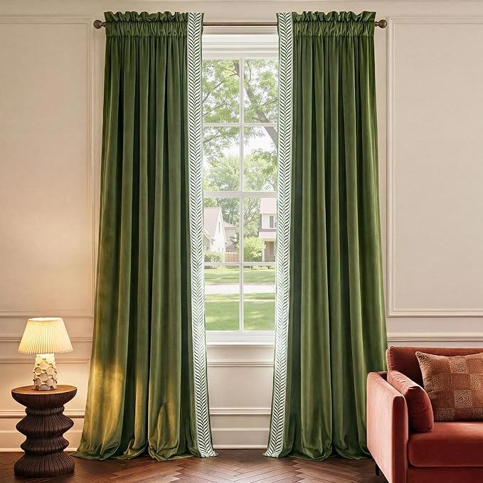 NICETOWN Rod Pocket Embroidered Trim Velvet Curtains, 2 Panels, Olive Green, 96 Inch Length Adjustable Velvet Curtains, Room Darkening Noise Reduce Drape, Modern Window Panels for Bedroom Living