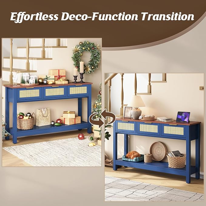 Luoxiao 47" Blue Entryway Table with 3 Rattan Drawers & Open Shelf Storage | Narrow Console Sofa Tables for Living Room, Entry Table for Hallway, Foyer, Couch, Easy Assembly, Anti-tip Kit, Space Saving