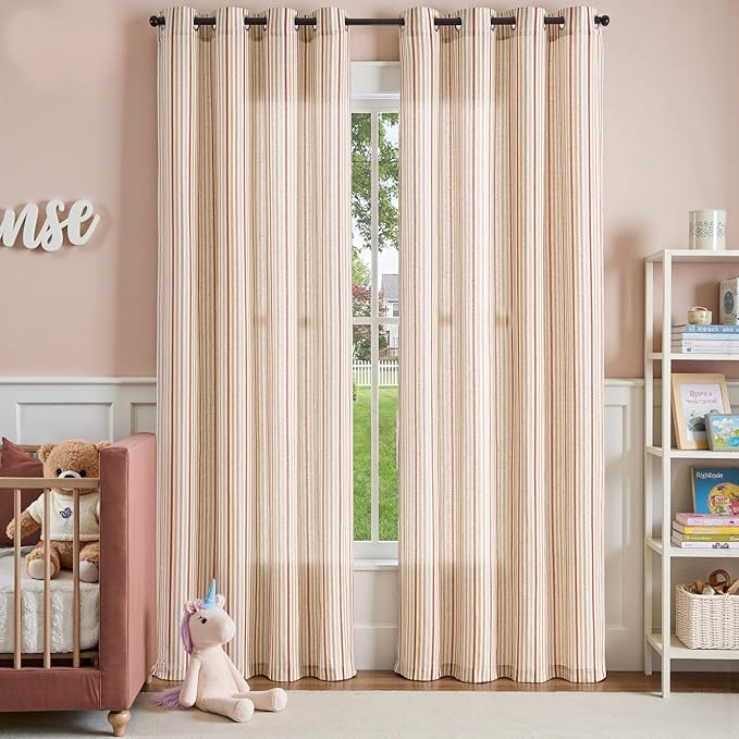 jinchan Linen Curtains 84 inch Red Stripe for Kids Room Grommet 2 Panels | Kids Curtains for Nursery Living Room Bedroom Baby Boys Room,Cute Colorful Ticking Stripe,Cottagecore Rustic,Light Filtering