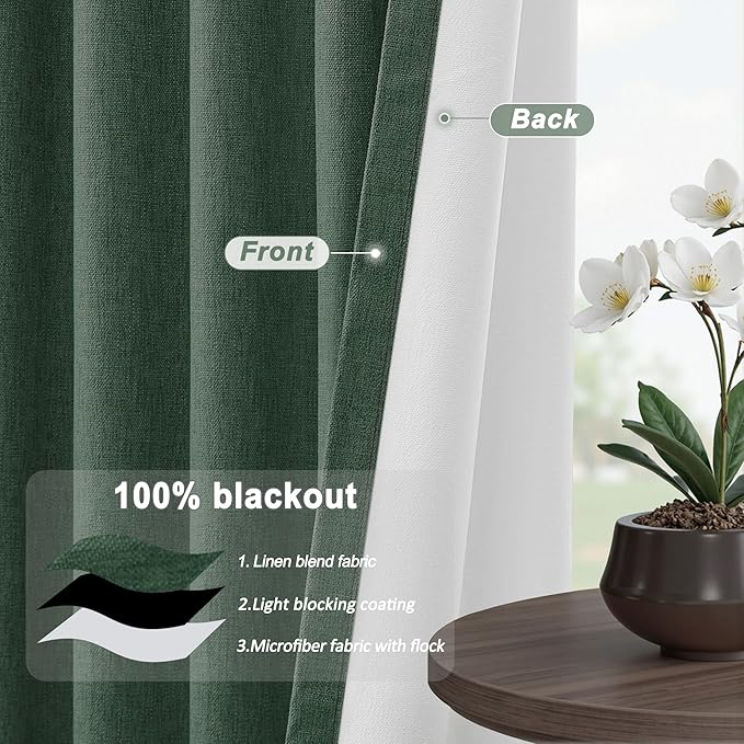 UHITECH Linen Curtains for Bedroom 2 Panels Set 45 Inch Curtains Blackout Short Cafe for Small Windows Thermal Olive Green Drapes Back Tab Living Room Darkening Drapes Black Out