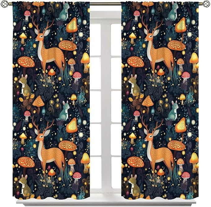 Fantasy Plant Curtains,Cute Woodland Deer Forest Animal Floral Mushroom Print Window Treatments for Bedroom Living Room Study Window Drapes 2 Panels Set,Total Size 55 x 63 Inch