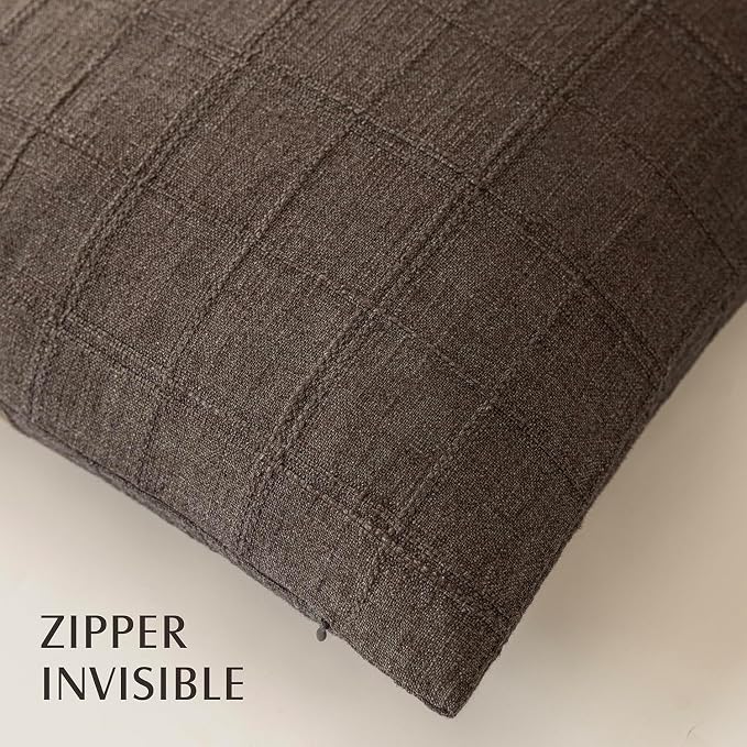 Foindtower Set of 2 Decorative Linen Check Throw Pillow Covers Neutral Farmhouse Vintage Cushion Covers Modern Boho Home Decor for Sofa Chair Couch Bedroom Living Room,24×24 Inch,Dark Brown