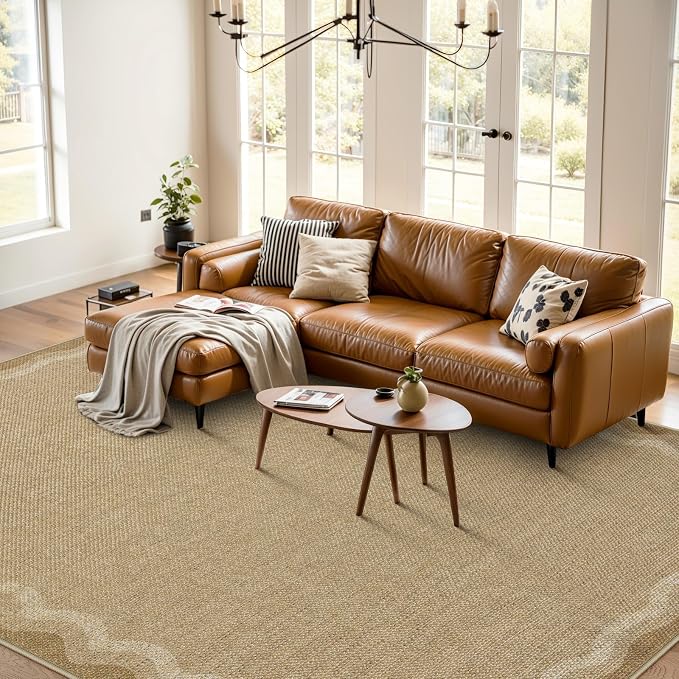 LIVEBOX Scalloped Washable 8x10 Rug, Easy Jute Tan Rug for Living Room, Indoor Outdoor Rugs Bedroom, Geometric Farmhouse Non Slip Dining Room Mat Modern Carpet Area Rug for Patio Home Office Decor