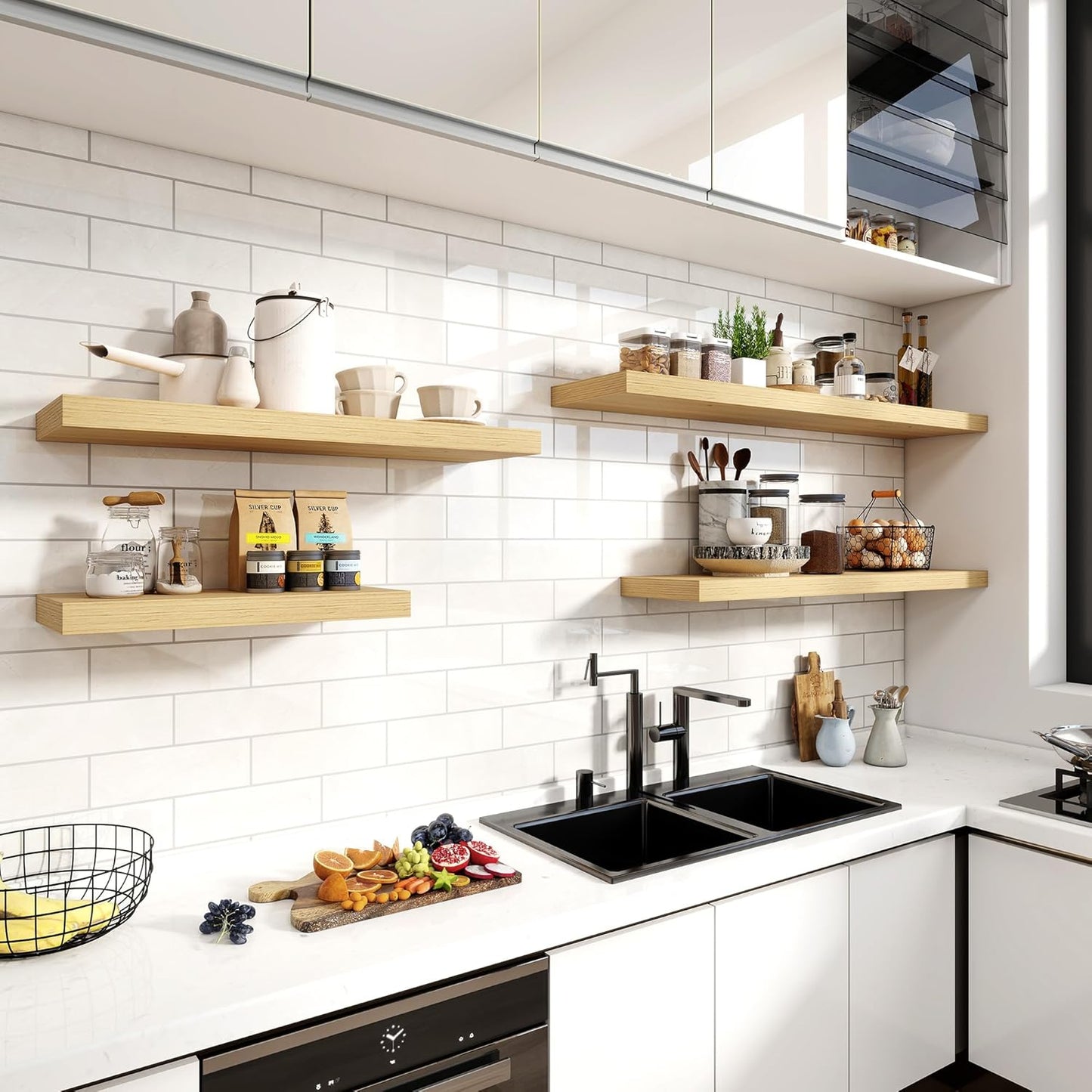 36 Inch Floating Shelves, 11.6 Inch Deep Floating Shelves for Wall, Floating Shelf with Invisible Brackets, Deep Shelves for Bathroom, Bedroom, Living Room, 2 Pack, Natural