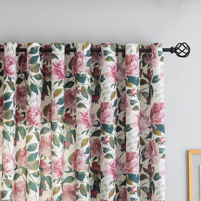 Linen Blend Glass Sliding Door Curtain 100x84 inches Vintage Floral Patio Door Curtains Extra Wide Privacy Curtains for Room Divider Grommet Farmhouse Country Chic Drapes 1 Panel W100 x L84 Pink