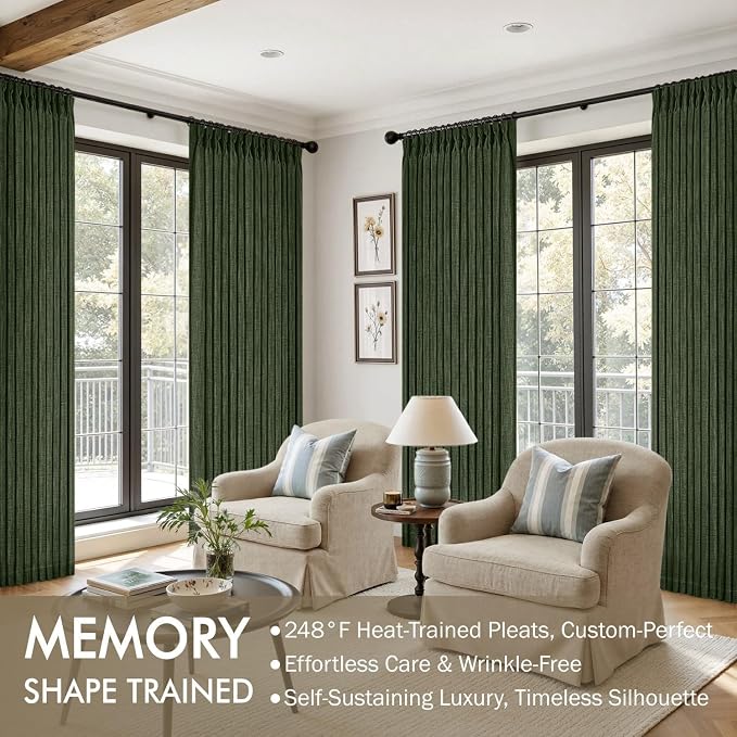 MIULEE Pinch Pleated Thick Linen Curtains 84 Inches Long 2 Panels for Living Room Bedroom, Linen Textured Memory Trained Drapes Pleat Back Tab Light Filtering Loden Window Curtains with Hooks&Rings