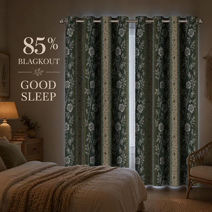 Boho Floral Striped Blackout Curtain, Vintage Botanical Wildflower Aesthetic Window Curtains Living Room Bedroom Decor Darkening Window Drapes Treatments, 2 Panels 52x84 Inch
