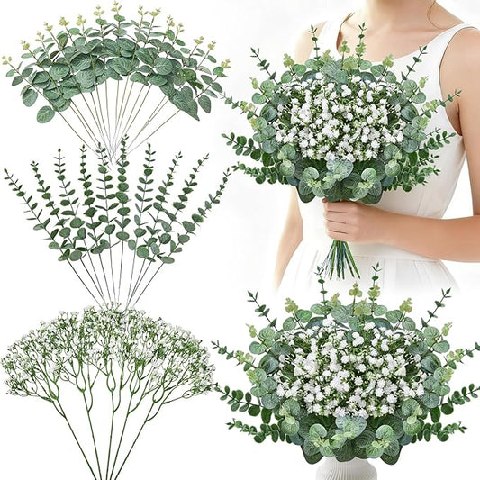 Serwalin 30Pcs Mixed Eucalyptus Greenery Stems 3 Kinds,Baby Breath Flowers Artificial Bulk with Faux Eucalyptus Stems Fake Greenery for DIY Bouquets Wedding Floral Arrangement Home Decor