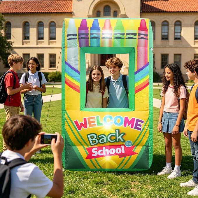 5.9FT Inflatable Crayon Photo Prop, Back to School Party Decoration First Day of School Photo Booth Crayon Selfie Frames for Welcome School Party Decors Outdoor Yard Garden Decor