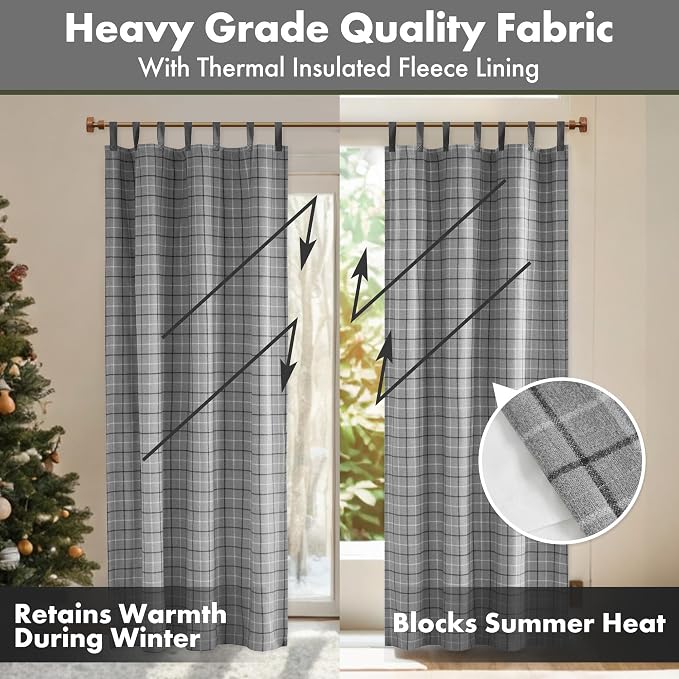 Madison Park Anaheim Cabin Plaid Curtain Window, Thermal Insulated Fleece Lining, Living Room Decor Room Darkening Drape for Bedroom, 1-Single Panel Pack, 50x84 Faux Leather Tab Top, Grey
