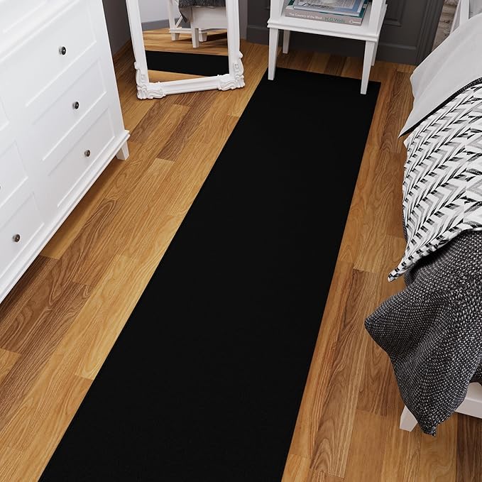 Ottomanson Aisle Runner Rug – Non-Slip Low Pile Carpet Runner for Long Hallways & Corridors, Stain Resistant & Easy to Clean, Solid Black, 1'10.5" x 20'
