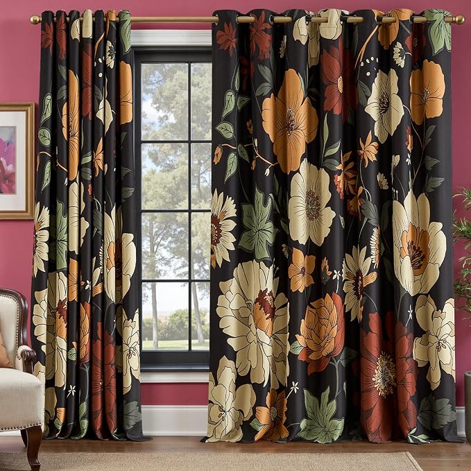 jinchan Lora Floral Curtain for Living Room Blackout Drape for Sliding Door Extra Wide Room Darkening Fall Decor Vintage Boho Flower Print Patio Door Curtain Grommet 1 Panel W100xL96 Inch Black