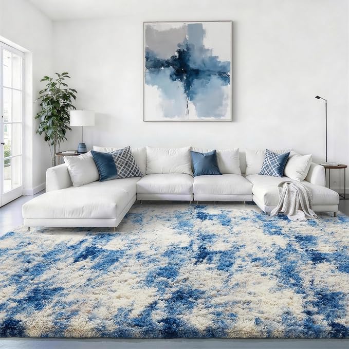 Ophanie 9x12 Blue and Gray Area Rugs for Living Room,Large Navy Grey White Fluffy Shag Fuzzy Plush Soft Carpets,Floor Shaggy Rugs for Bedroom,Carpet for Kids Dorm Decor with Over 99 pcs Pile fibers