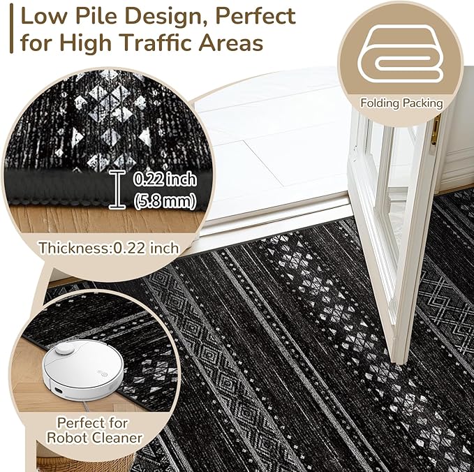 BESTSWEETIE 3x5 Area Rugs for Living Room Washable Moroccan Farmhouse Neutral Geometric Low Pile Non-Slip Soft Print Pattern Rug for Bedroom Kitchen Dining Room Entryway Black/White