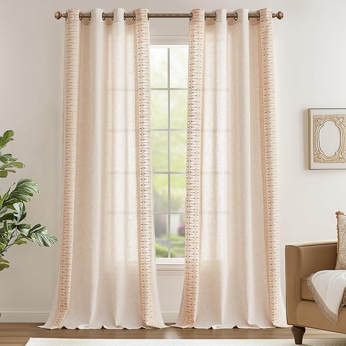 jinchan Boho Curtains for Bedroom Linen Blend Boho Curtains 96 Inches Long 2 Panels Farmhouse Embroidered Drapes for Living Room Drapes Light Filtering Grommet Window Traetments Gold on Beige