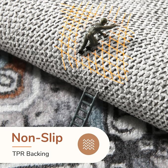 OPPODREAM Soft Area Rugs 5x7, 5x7 Washable Rug with Non Slip Backing, 5 x 7 Faux Cashmere Low-Pile Carpet, Grey & Teal & Yellow