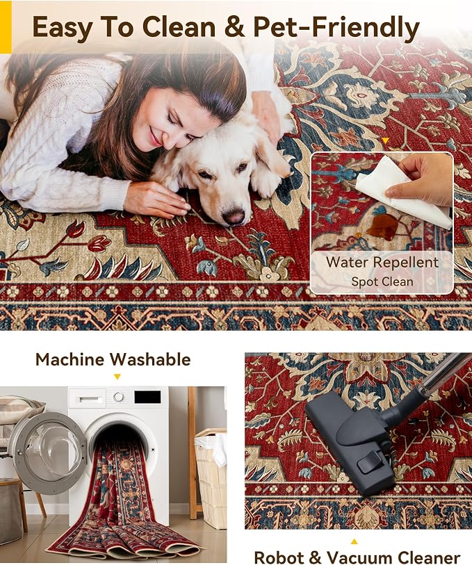 RELEANY Area Rugs Square 6ft Washable Non-Slip, Floral Vintage Distress Medallion Carpet for Living Room Bedroom Dining Room, Red Blue